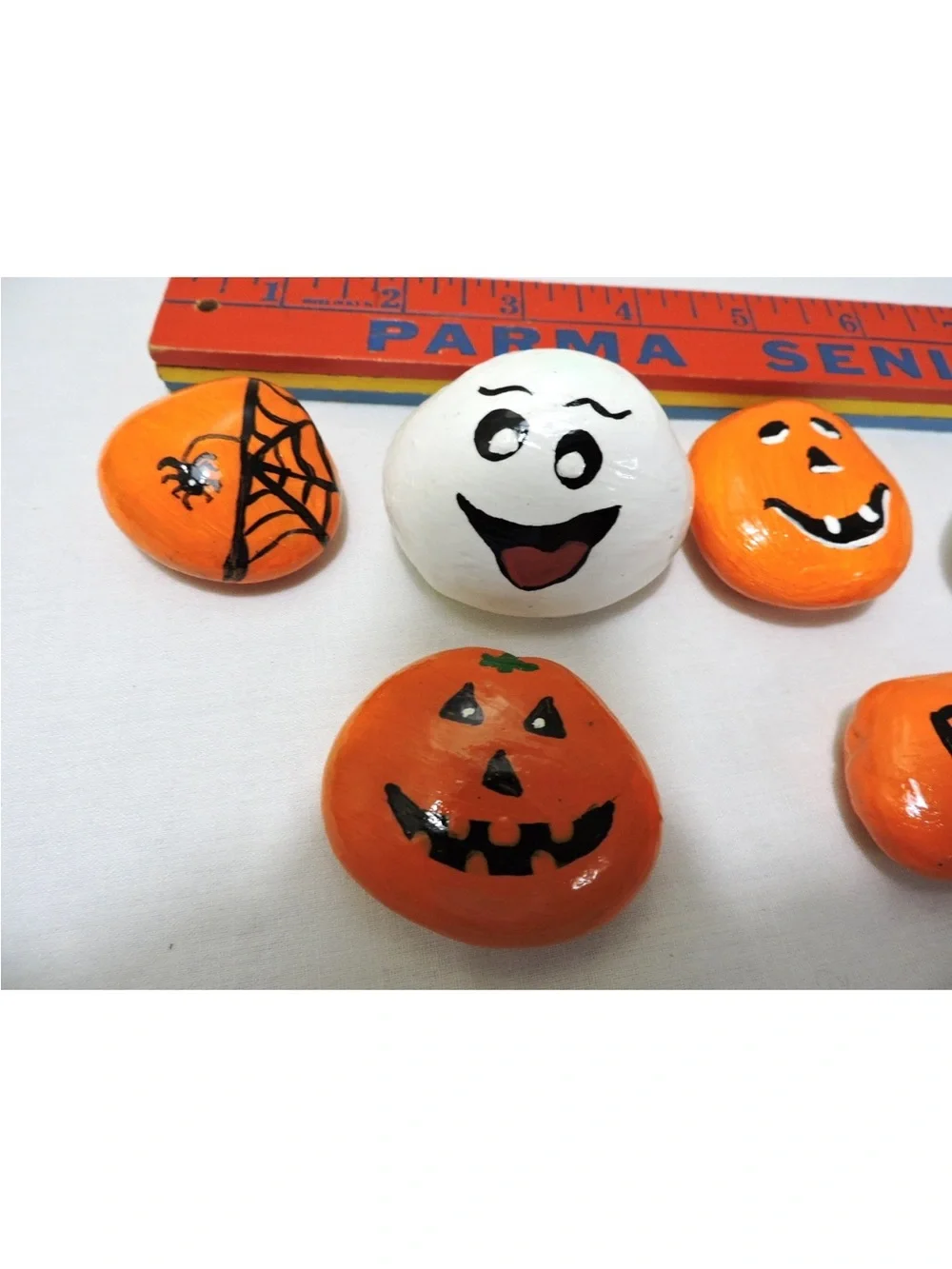Halloween Painted Rock Set - Orange & White Spooky Designs